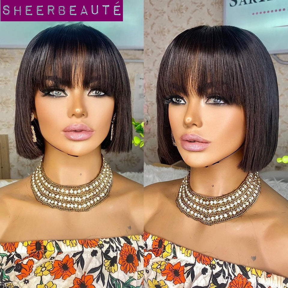 Natural Black Brazilian Straight Bob Human hair Wigs With Bangs