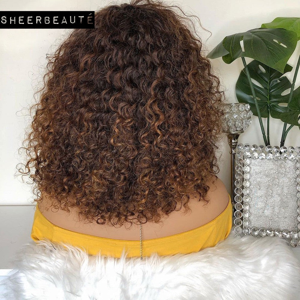 Bob Curly Highlight Brown Colored Brazilian Human Hair Wigs with Bangs