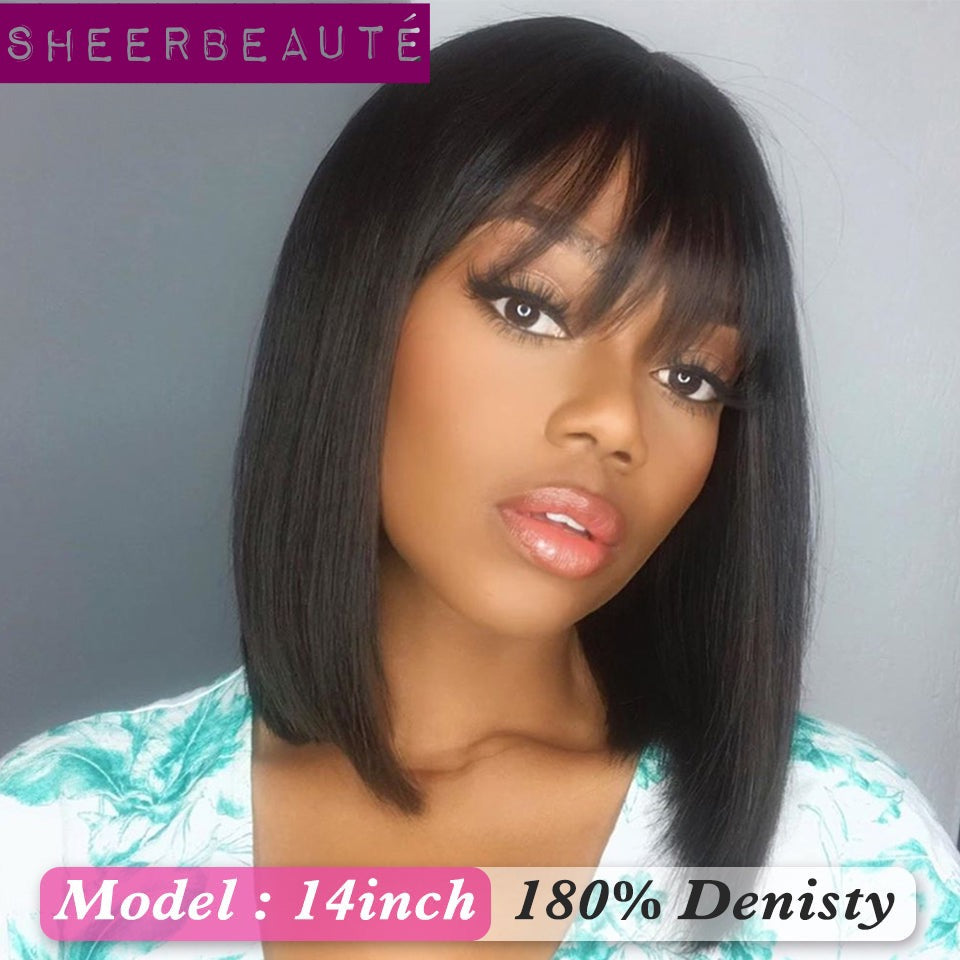 Natural Black Brazilian Straight Bob Human hair Wigs With Bangs