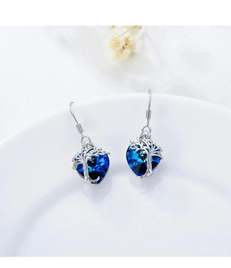 14K White Gold -Crystal Heart Tree of Life Drop Earrings