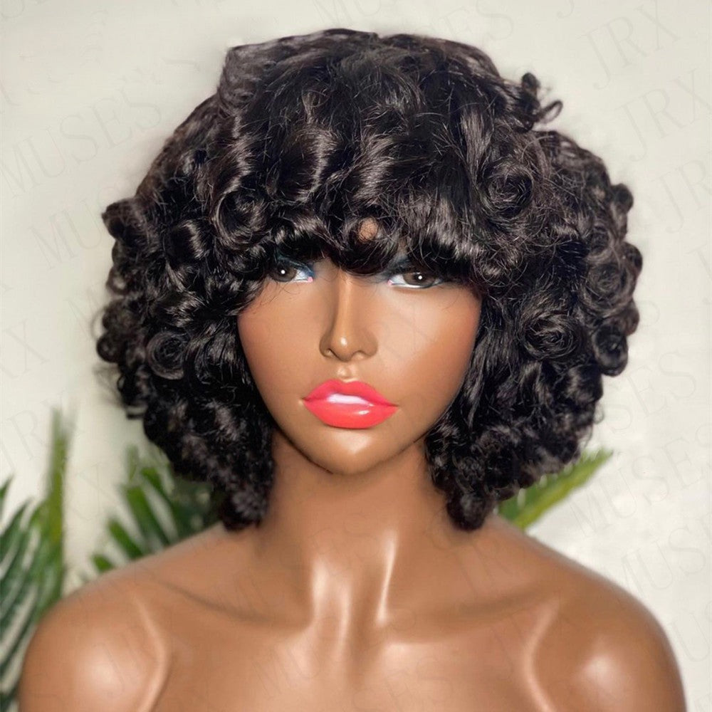 Short Bob Big Curly Human Hair Wigs with Bangs