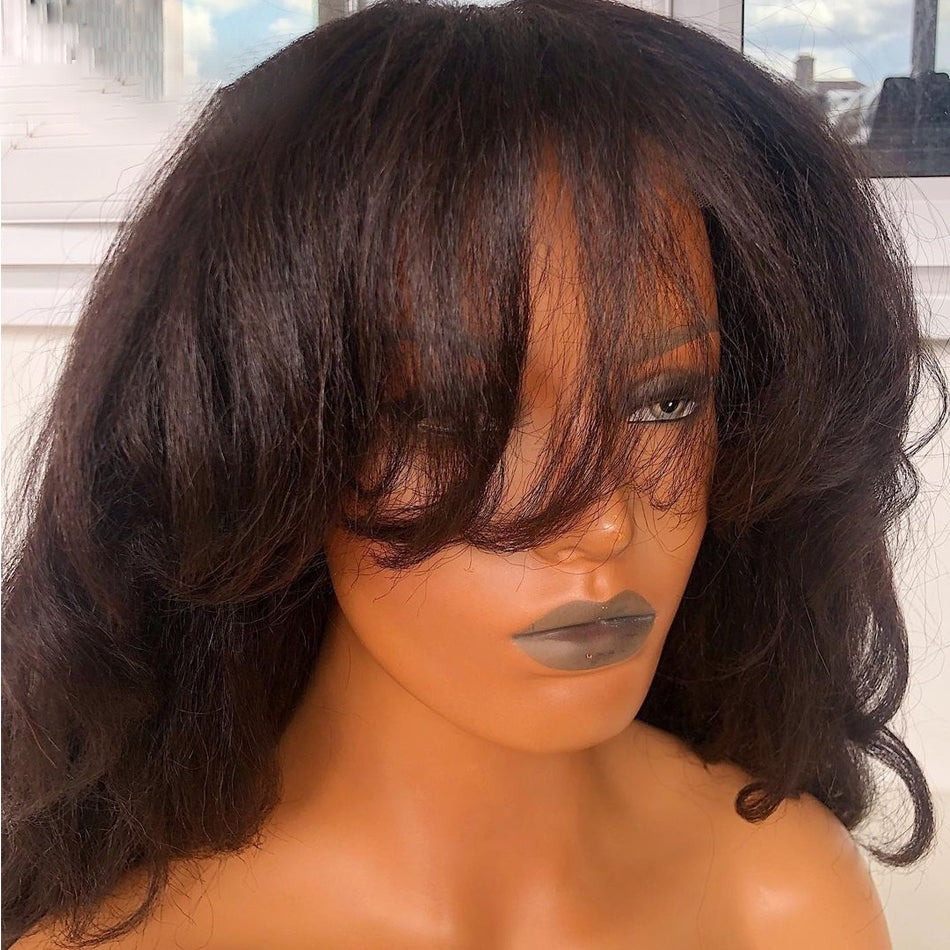 Long Yaki Full Human Hair Wig With Bangs