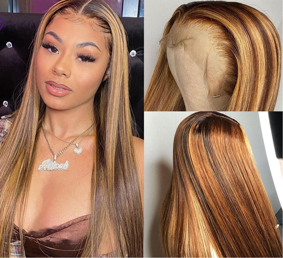 30 Inch Straight ombre blonde Highlight Wig Human Hair Wig