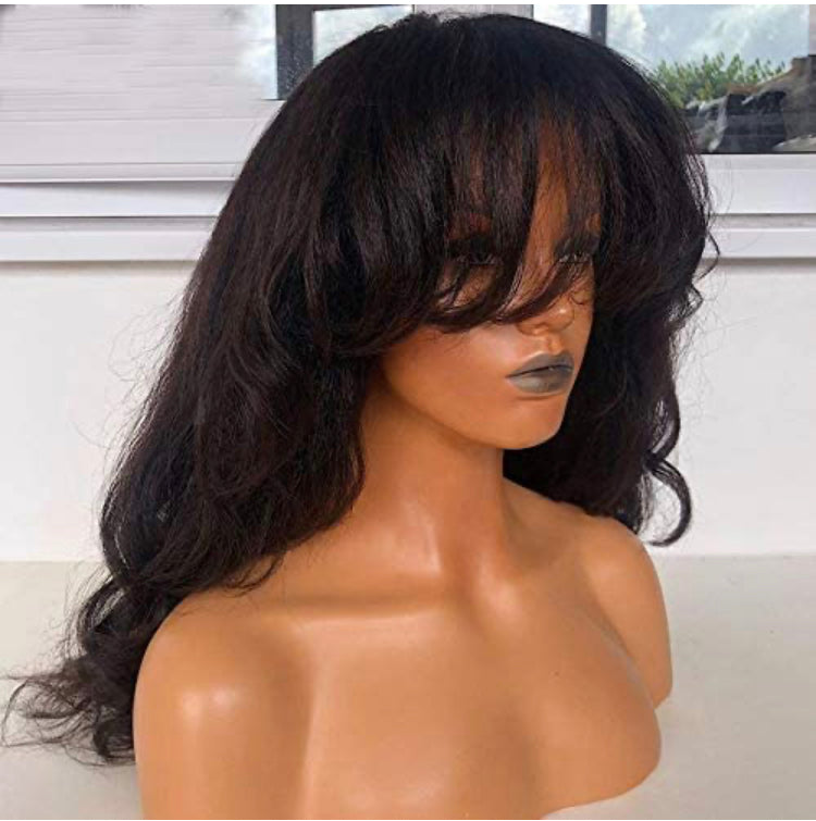 Long Yaki Full Human Hair Wig With Bangs