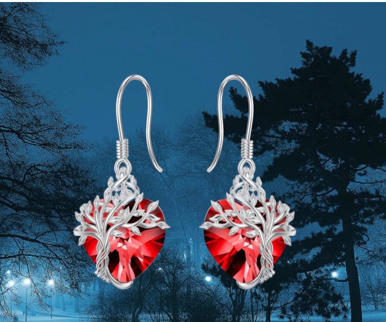 925 Sterling Silver-Heart Tree of Life Dangle Earrings