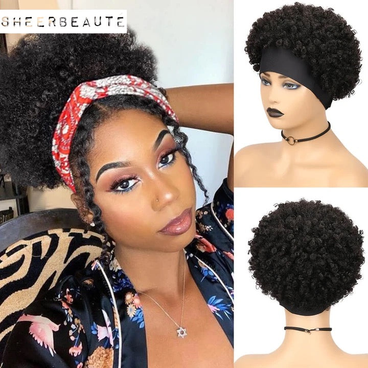 Short Afro Headband Curly Wig Human Hair Head Wrap Wig