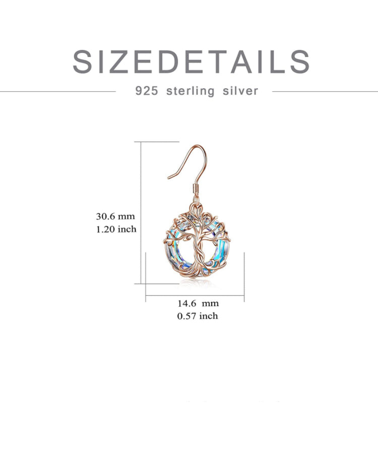 Rose Gold Crystal Tree of Life Drop Earrings