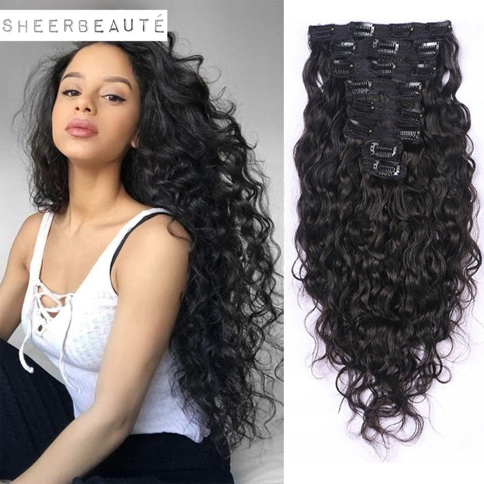 Water Wave Clips In Hair Extensions Brazilian Human Hair