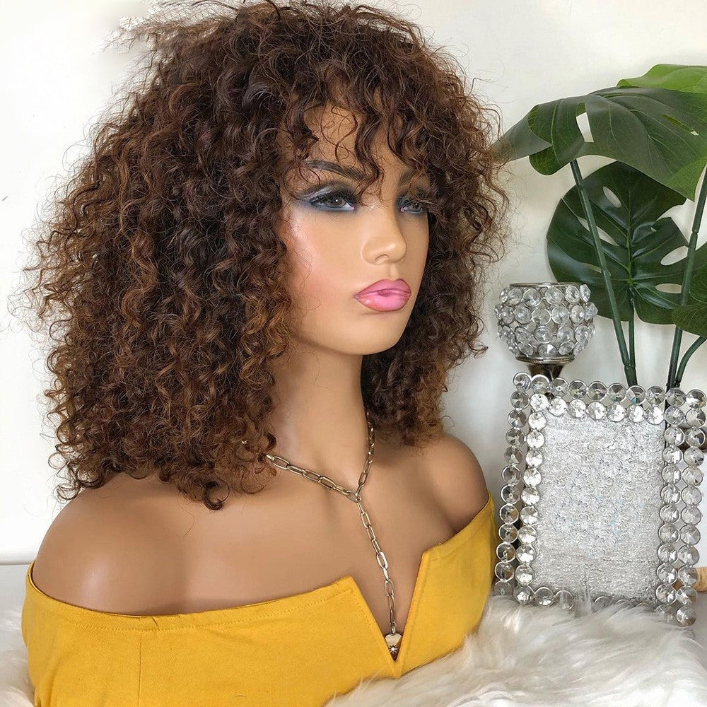 Bob Curly Highlight Brown Colored Brazilian Human Hair Wigs with Bangs