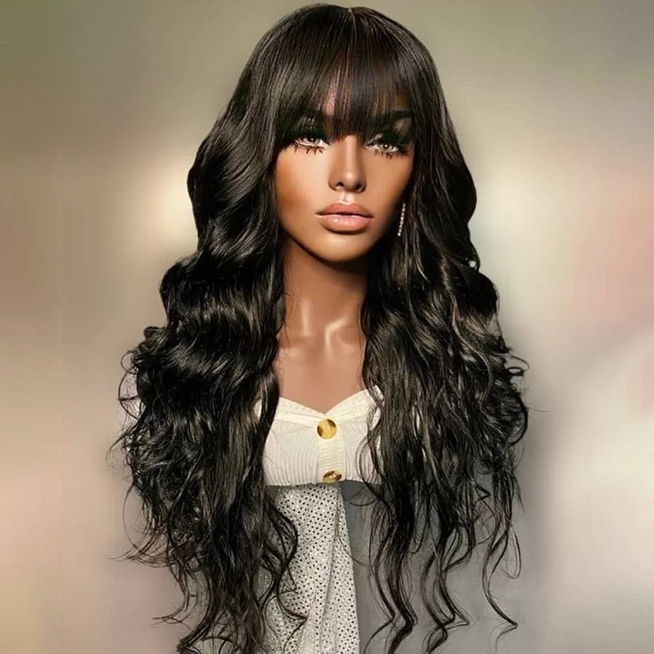 30Inch Body Wave Brazilian Human Hair Wigs With Bangs