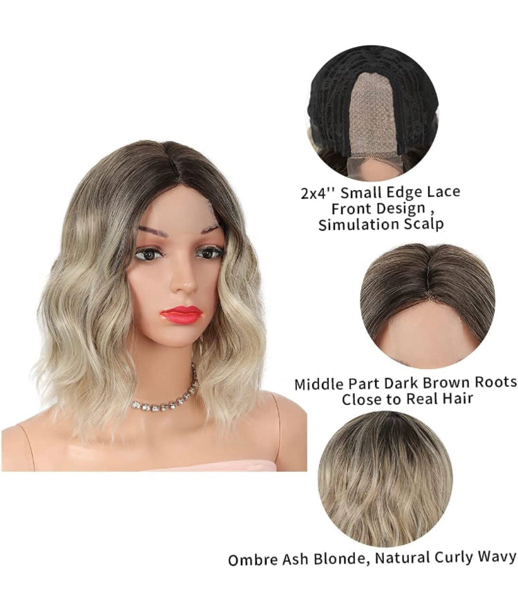 Short Wavy Ombre Ash Blonde Lace Wig