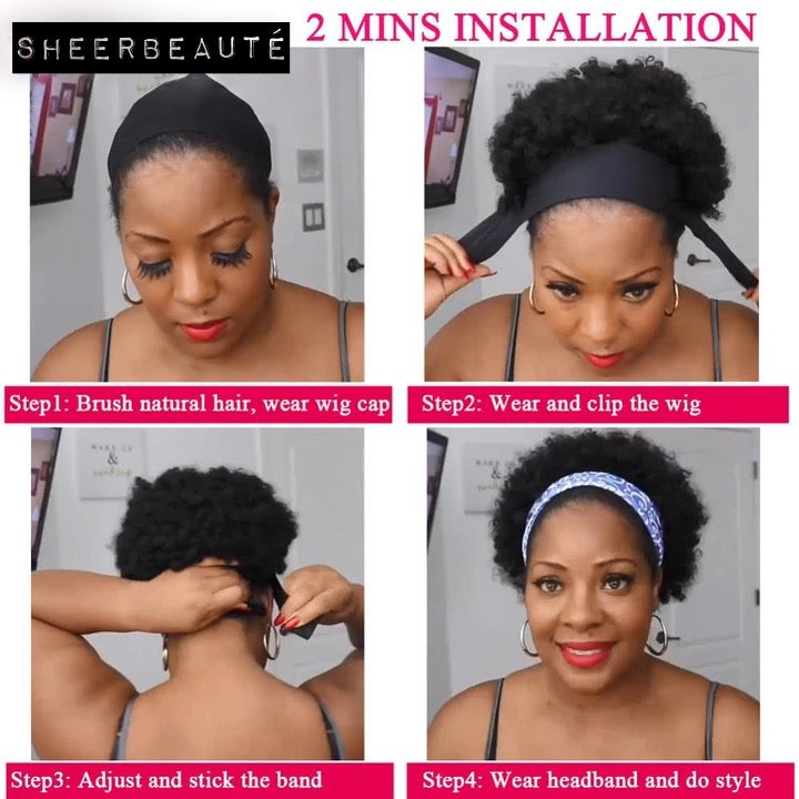 Short Afro Headband Curly Wig Human Hair Head Wrap Wig