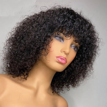 Honey Blonde Jerry Curly Human Hair Wigs with Bangs