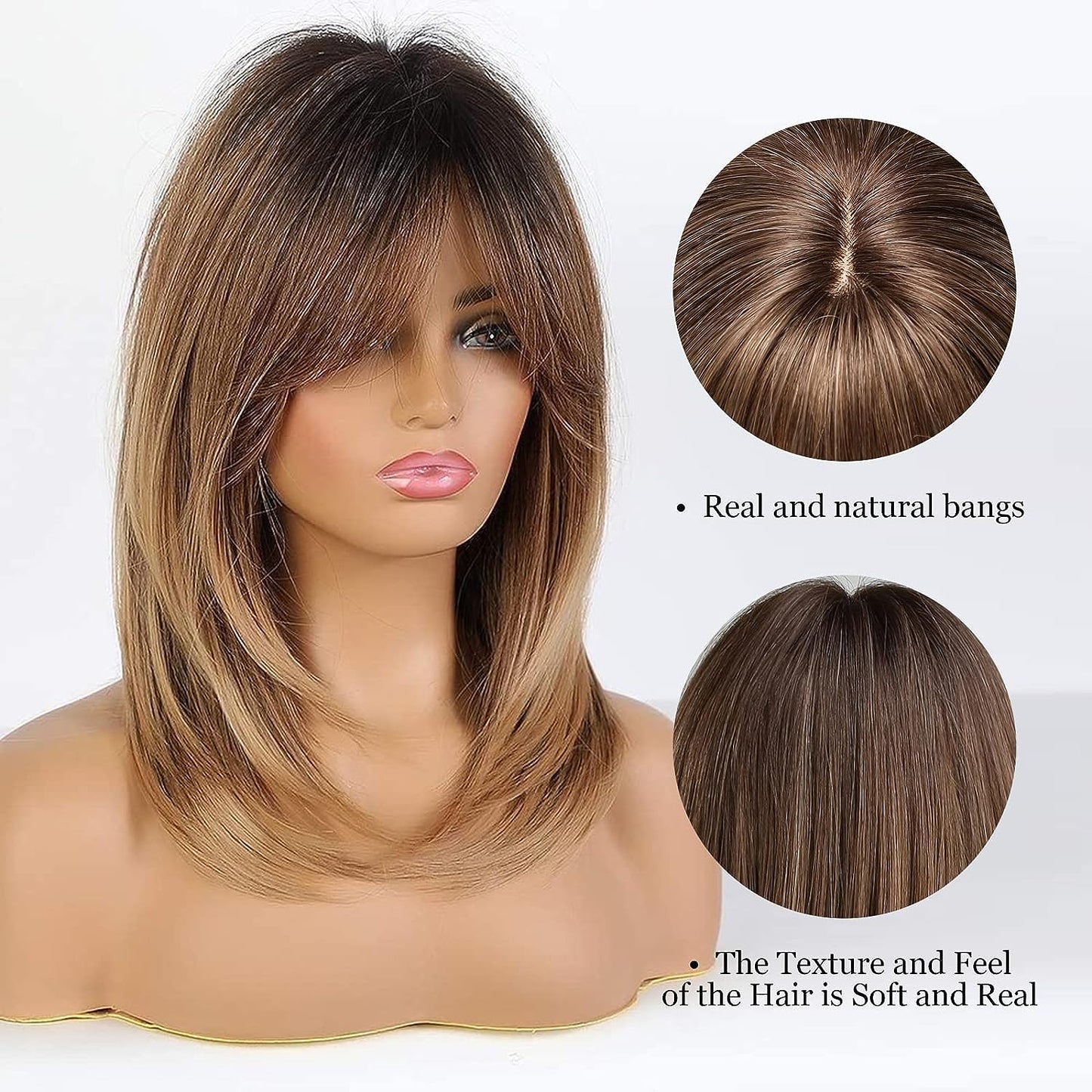 ombre Brown Wig with Curtain Bangs Medium Length Layered Bob Hair Wig for Women Heat Resistant Synthetic Wigs for Daily Use