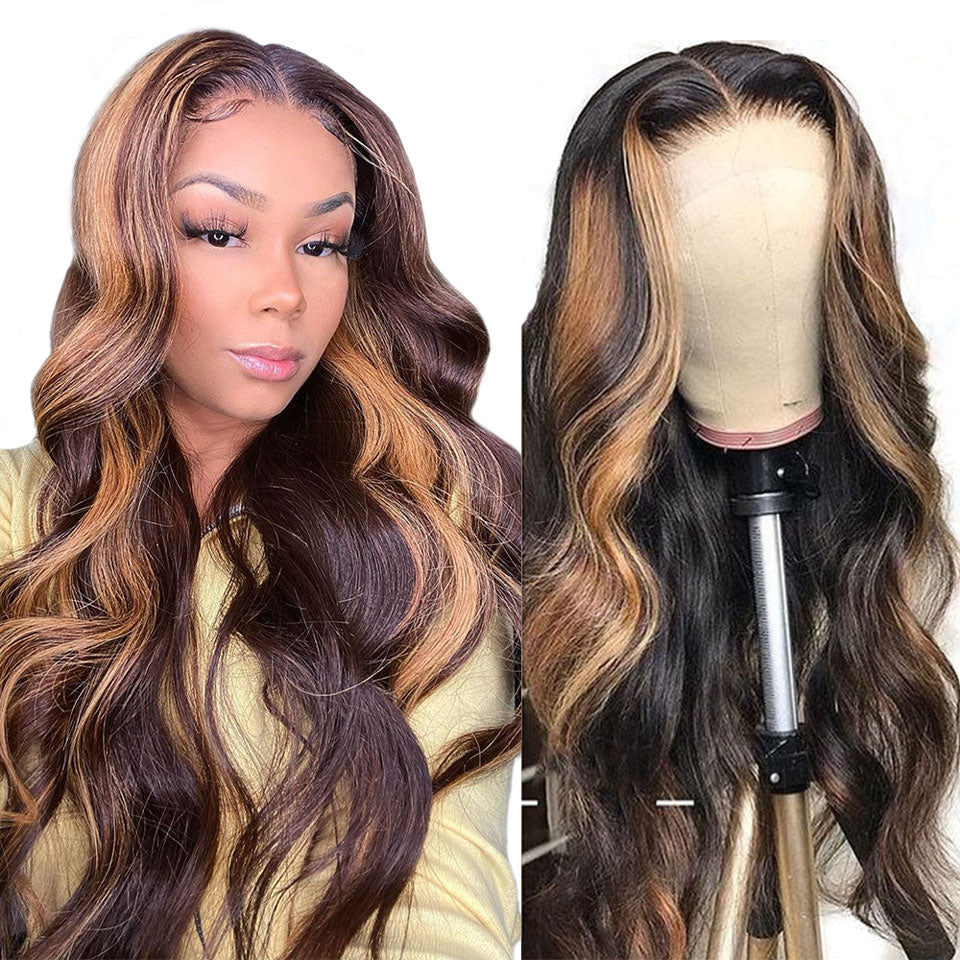 Blonde Highlight Wig Human Hair Pre Plucked 4/27 Highlight.Ombre Lace Front Wig Human Hair 200%Density Blonde Highlight Wig Human Hair Pre Plucked 4/27 Highlight Lace Front Wigs Human Hair 13x4 HD Lace Brown Highlighted Wig Body Wave