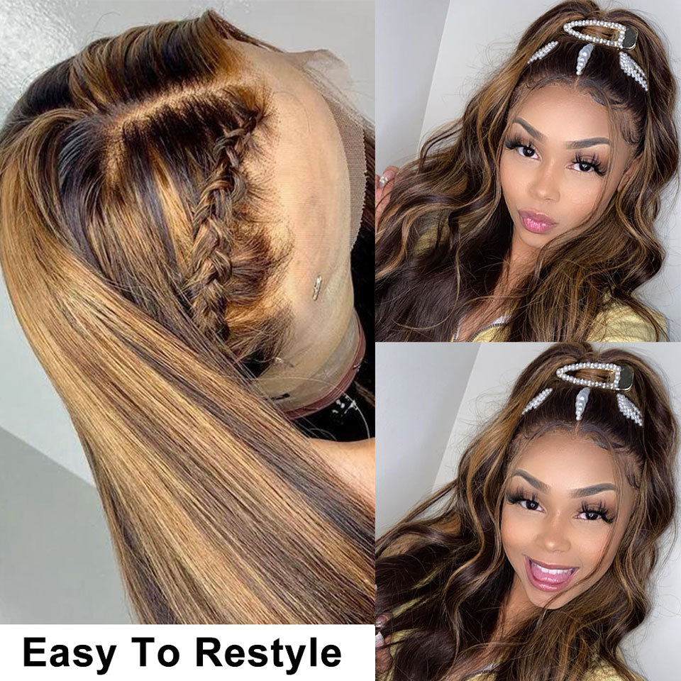 Ombre Lace Front Wig Human Hair 200%Density Blonde Highlight Wig Human Hair Pre Plucked 4/27 Highlight Lace Front Wigs Human Hair 13x4 HD Lace Brown Highlighted Wig Body Wave
