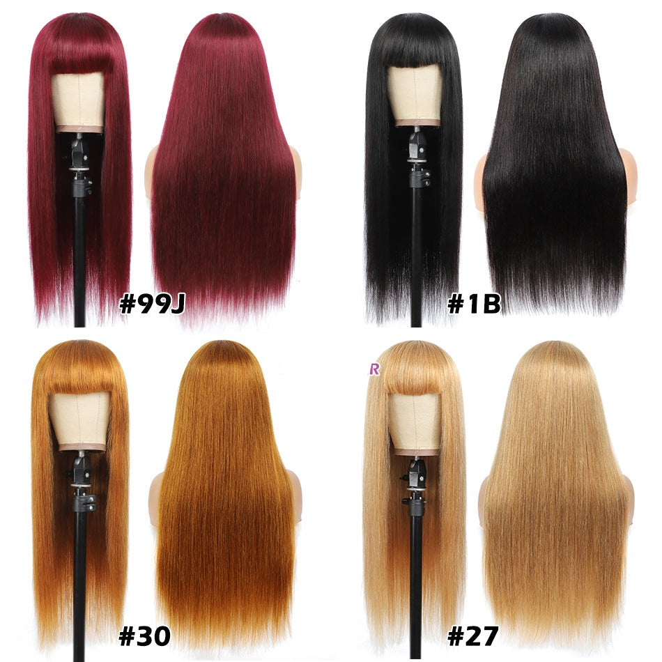Straight Red-Blonde-Black Brazilian Human Hair Wig With Bangs