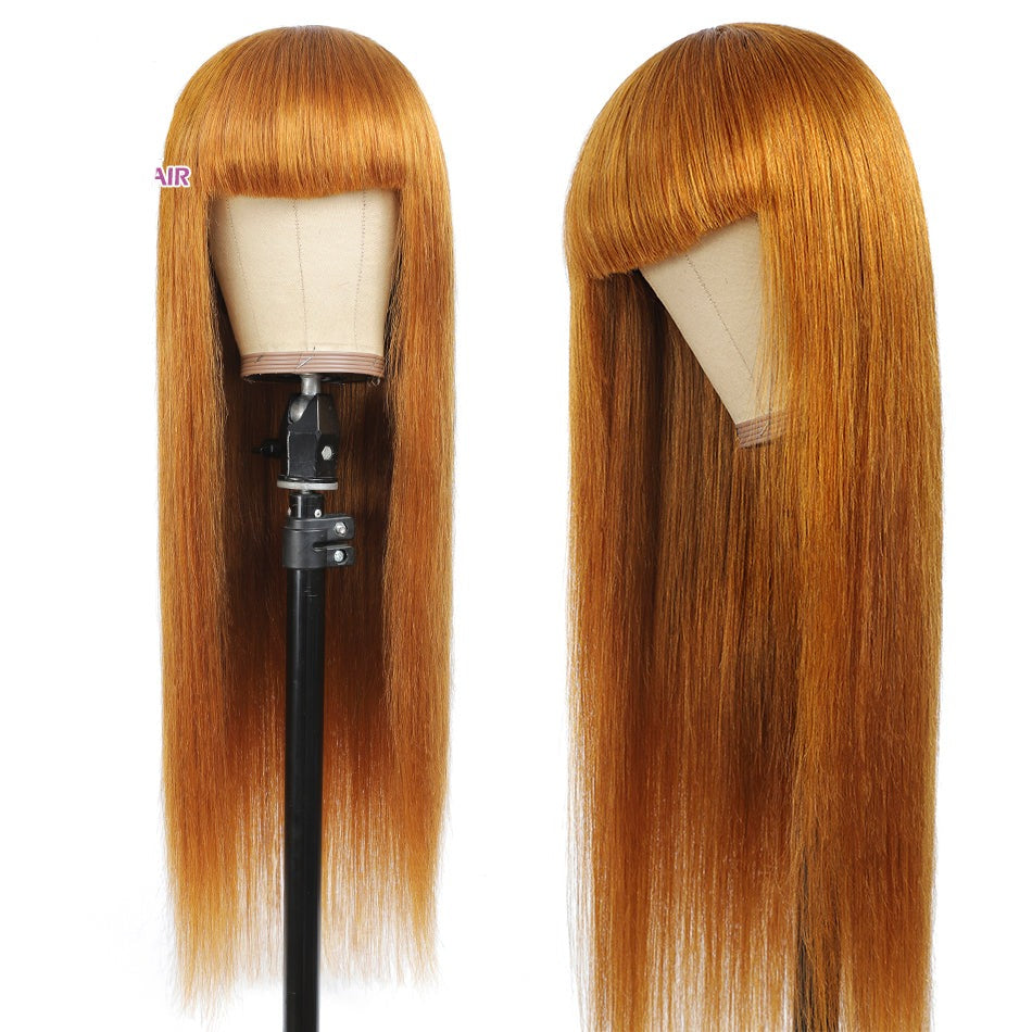Straight Red-Blonde-Black Brazilian Human Hair Wig With Bangs
