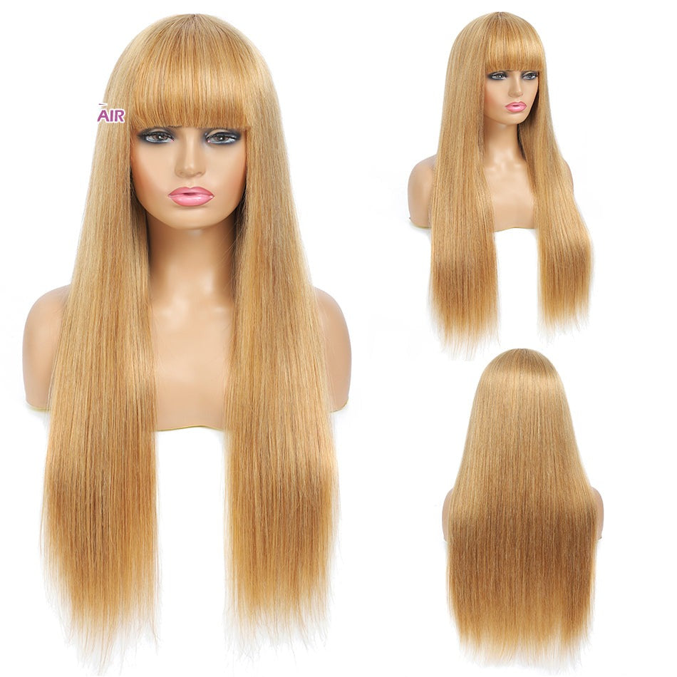 Straight Red-Blonde-Black Brazilian Human Hair Wig With Bangs