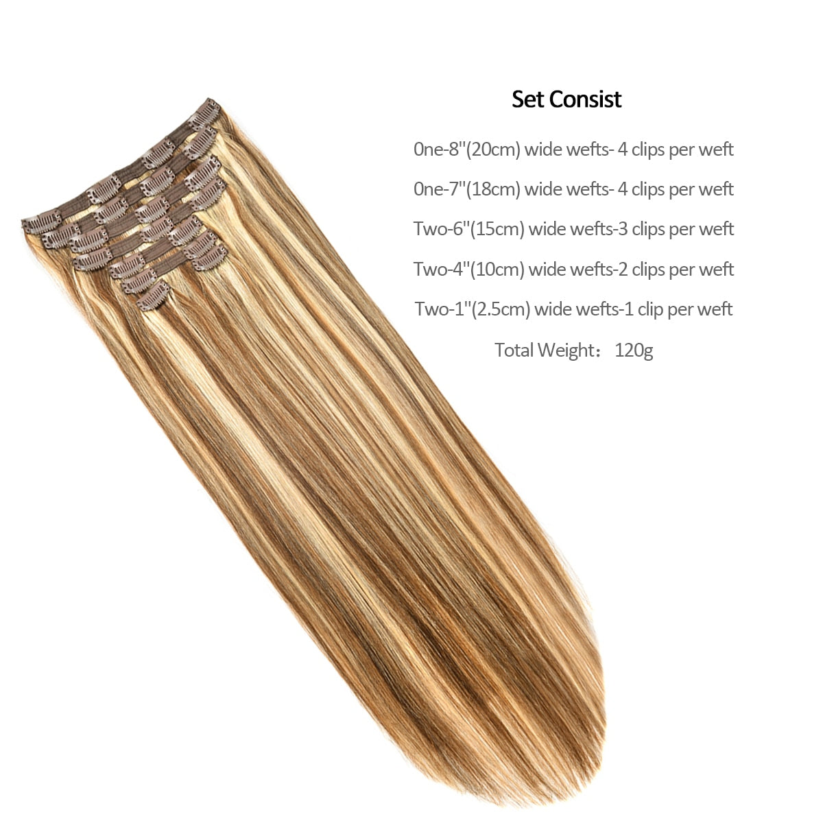 20" Straight Natural Human Hair Extensions Clip in 140g