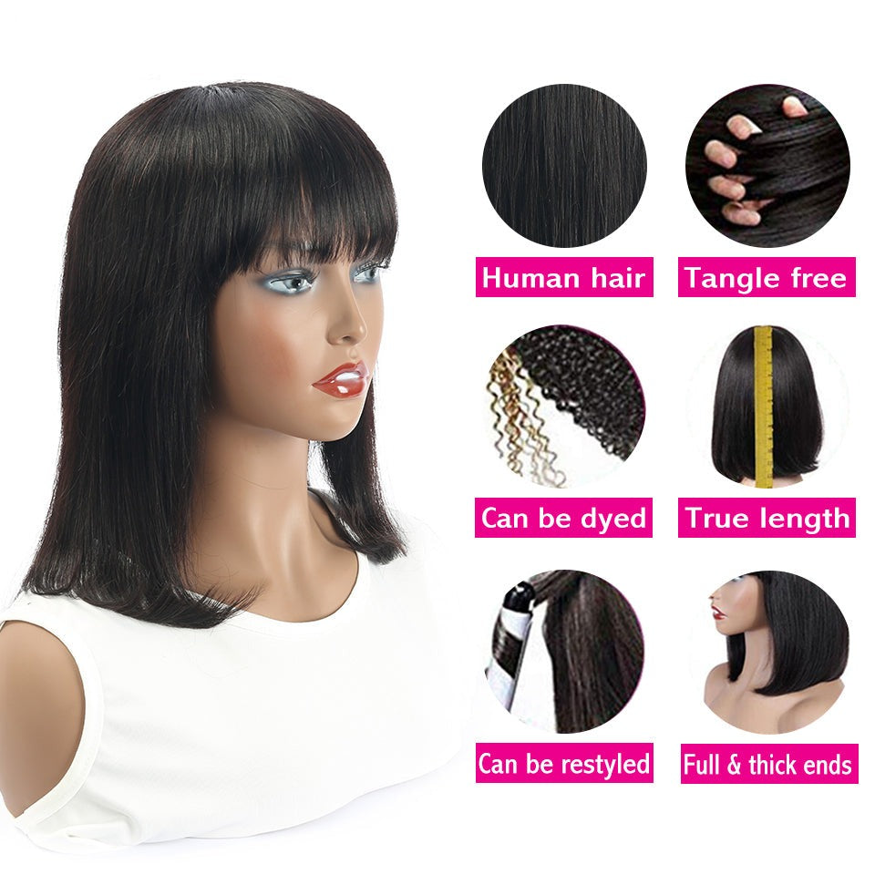 Natural Black Brazilian Straight Bob Human hair Wigs With Bangs