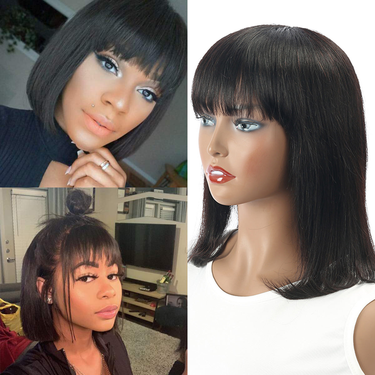 Natural Black Brazilian Straight Bob Human hair Wigs With Bangs
