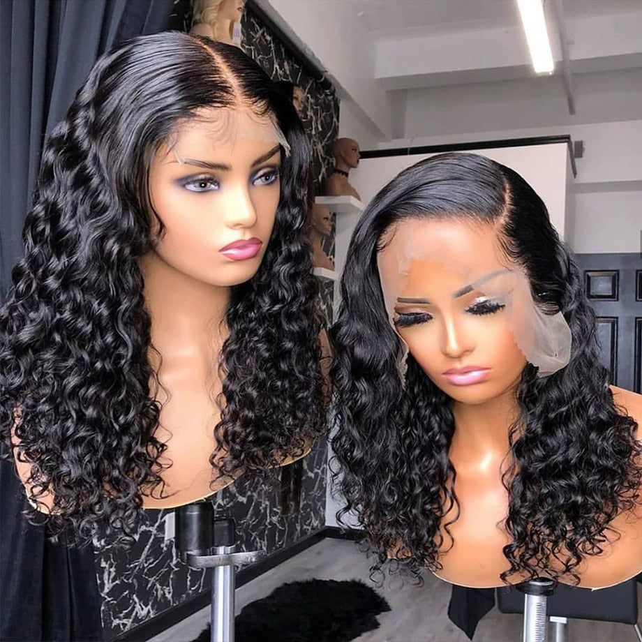 30 32 Inch Deep Wave Curly Human Hair Lace Frontal Wigs