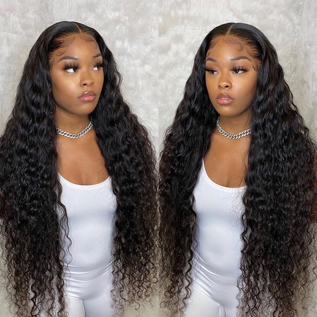 30 32 Inch Deep Wave Curly Human Hair Lace Frontal Wigs