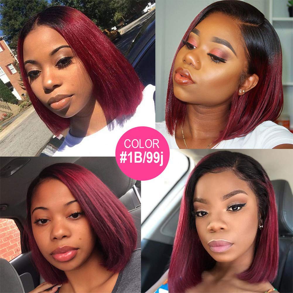 Short Bob 13x6 Lace Front Human Hair Wig|1B 99J Burgundy Hair
