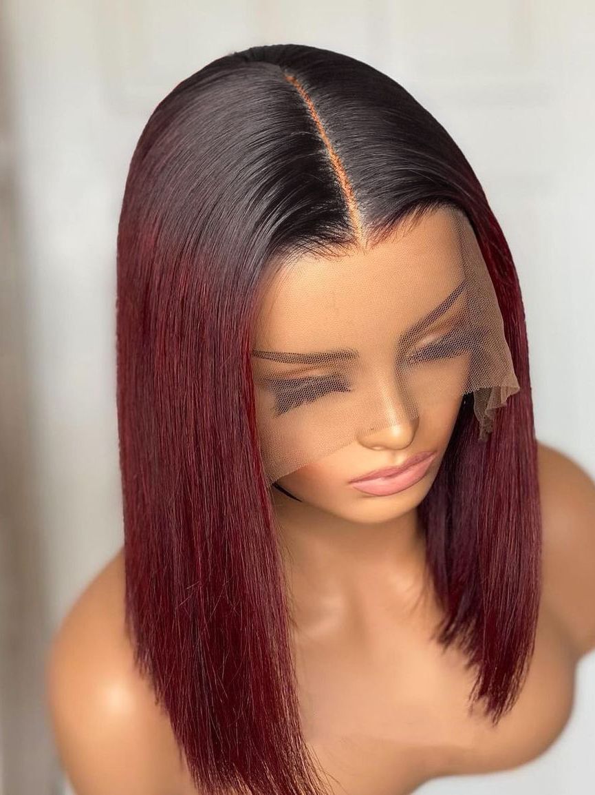 Short Bob 13x6 Lace Front Human Hair Wig|1B 99J Burgundy Hair