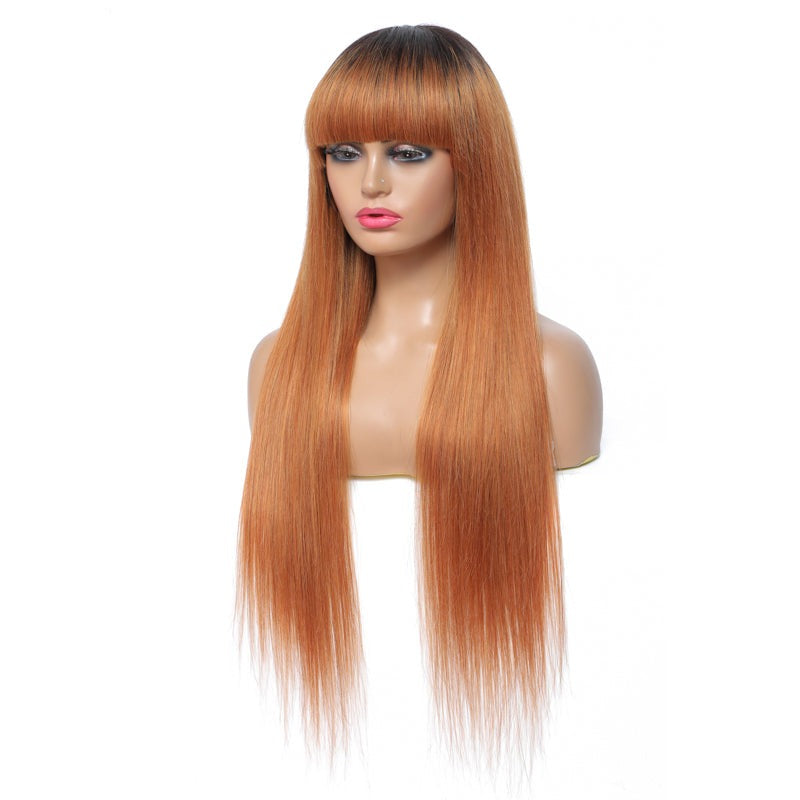 Straight Ombre Brown Brazilian Human Hair Wigs With Bangs