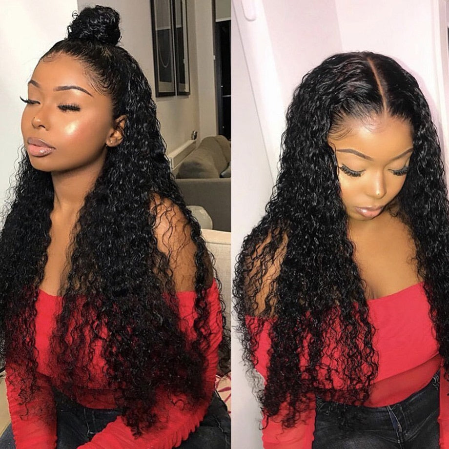 30 32 Inch Deep Wave Curly Human Hair Lace Frontal Wigs