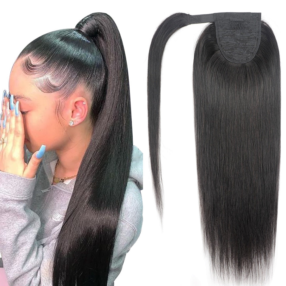 Ponytail Clip In Human Hair Wrap Around Hair Extension Natural Color