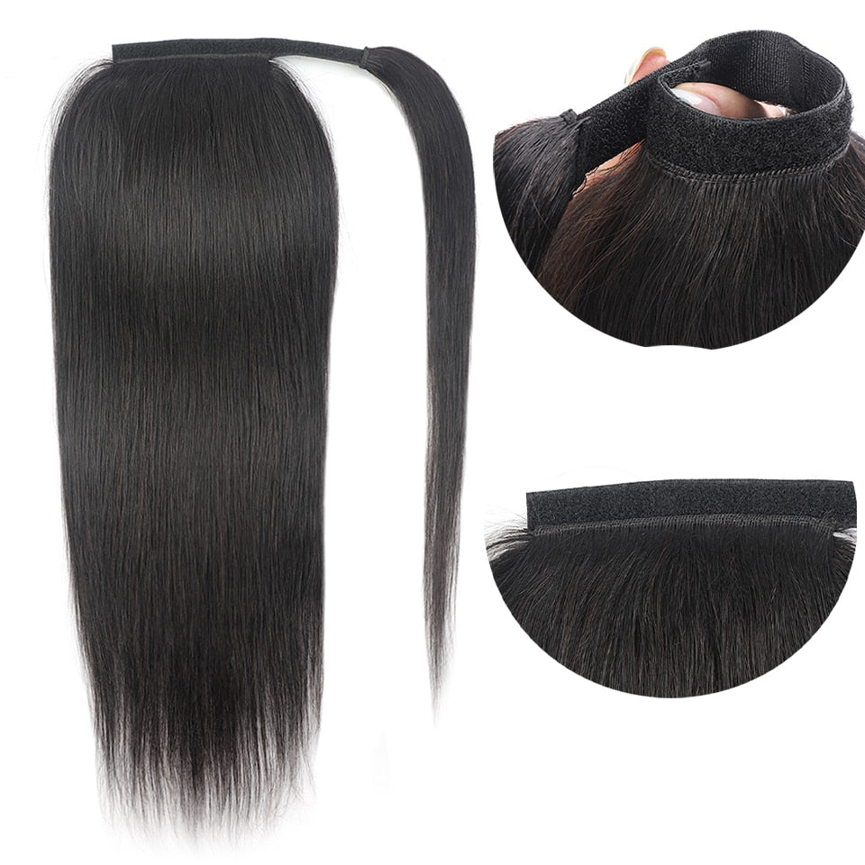 Ponytail Clip In Human Hair Wrap Around Hair Extension Natural Color