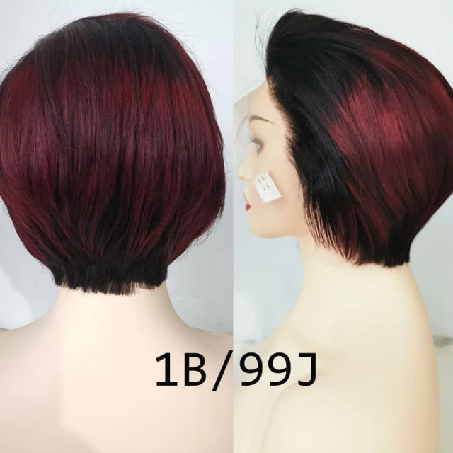 Pixie Cut Short Bob Straight Transparent Lace Malaysian Human Hair Wigs
