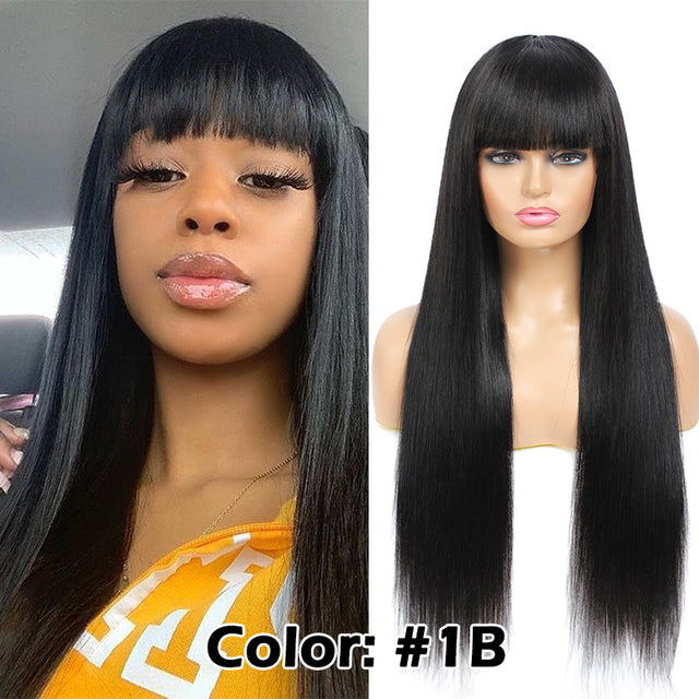 Straight Red-Blonde-Black Brazilian Human Hair Wig With Bangs