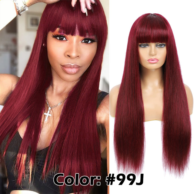 Straight Red-Blonde-Black Brazilian Human Hair Wig With Bangs