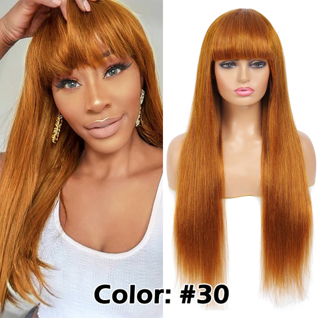 Straight Red-Blonde-Black Brazilian Human Hair Wig With Bangs