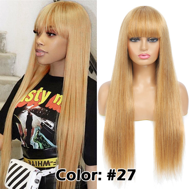 Straight Red-Blonde-Black Brazilian Human Hair Wig With Bangs