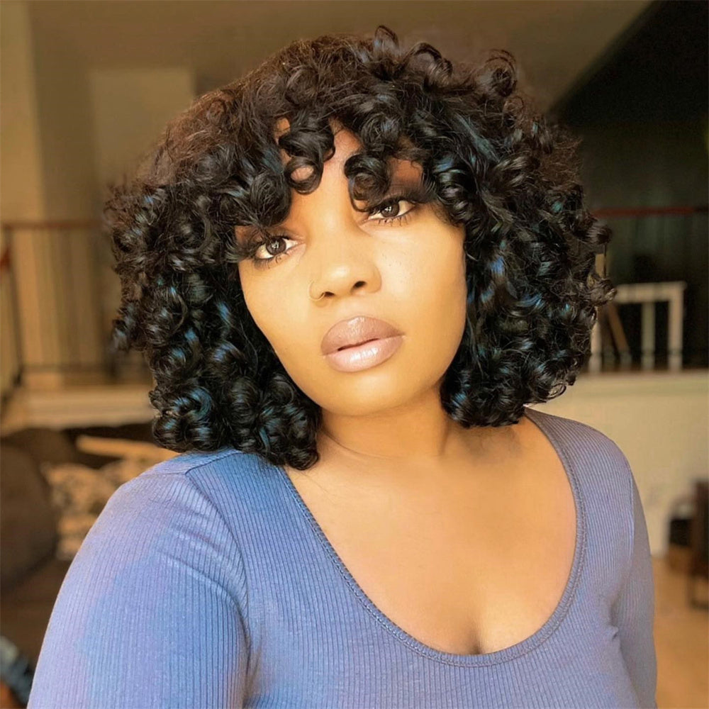 Short Bob Big Curly Human Hair Wigs with Bangs