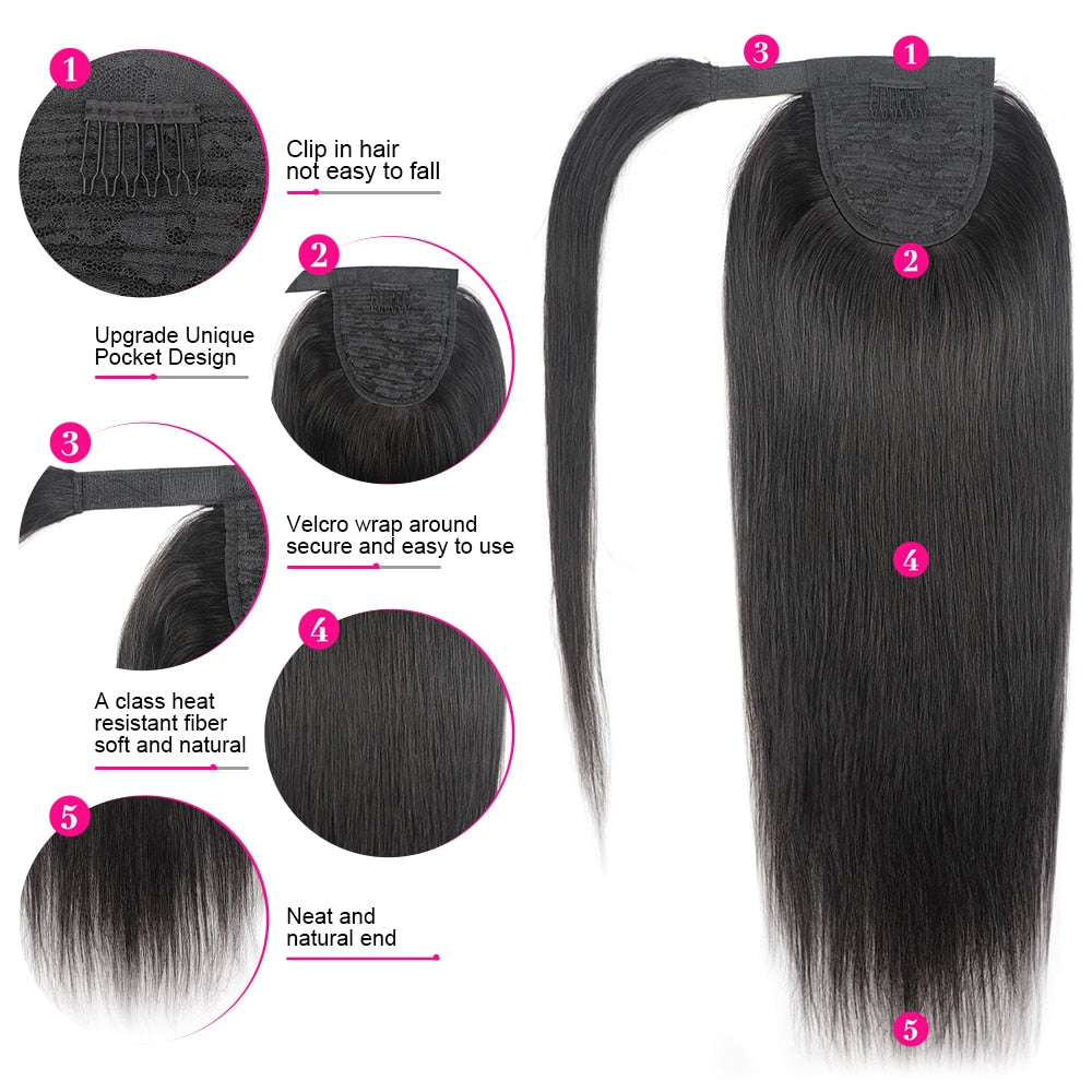 Ponytail Clip In Human Hair Wrap Around Hair Extension Natural Color