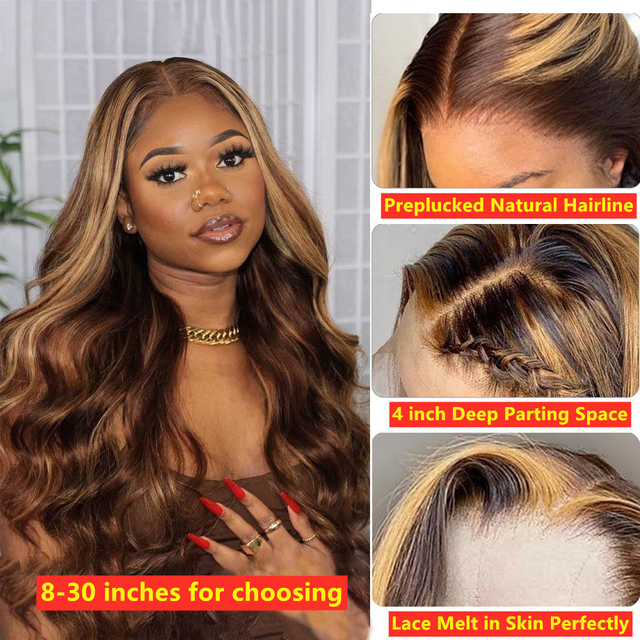 30 Inch Full T Part Honey Blonde Wavy Lace Front Human Hair Wig