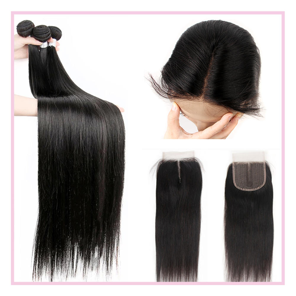 Bone Straight Brazilian Human Hair Bundle|40'' 40'' 40'' With 24''Closure