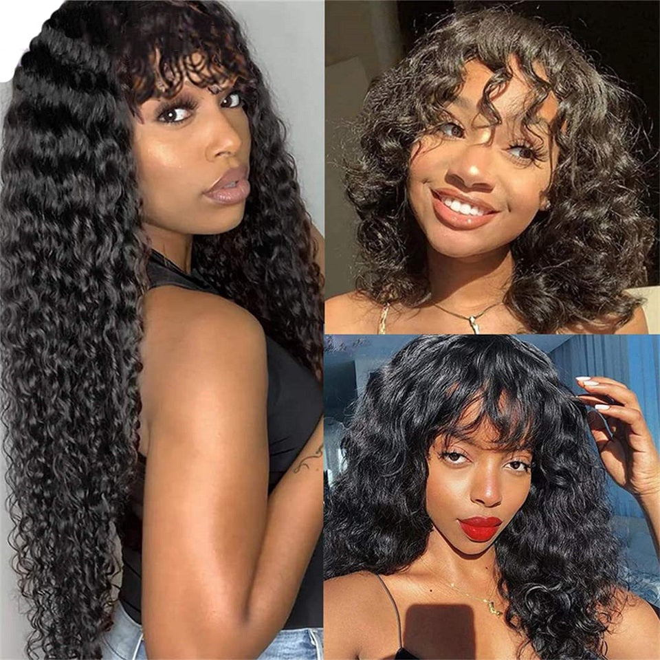 Water Wave Brazilian Human Hair Bob Wigs With Bangs