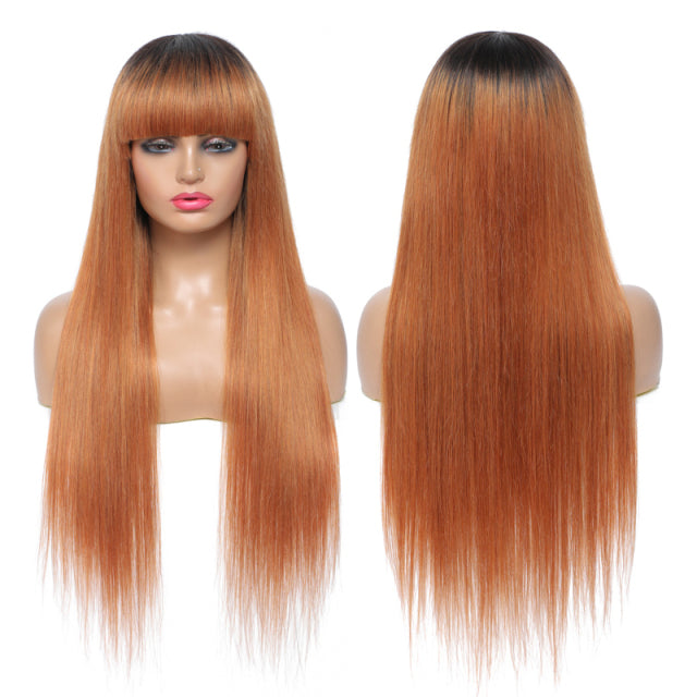 Straight Ombre Brown Brazilian Human Hair Wigs With Bangs
