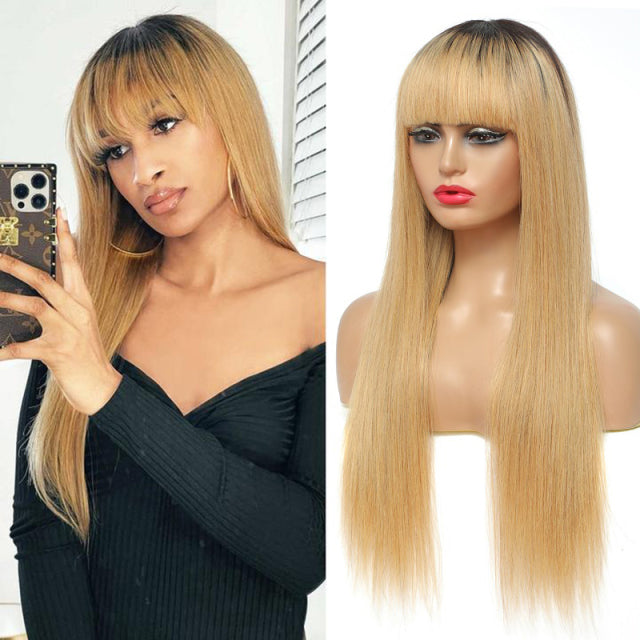 Straight Ombre Brown Brazilian Human Hair Wigs With Bangs
