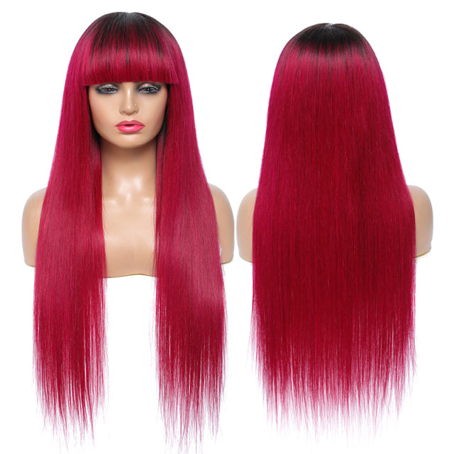 Straight Ombre Brown Brazilian Human Hair Wigs With Bangs