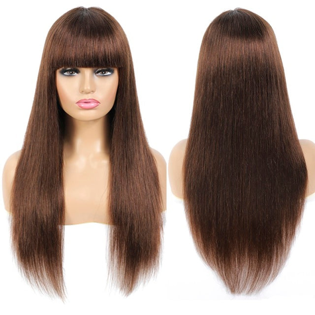 Straight Ombre Brown Brazilian Human Hair Wigs With Bangs