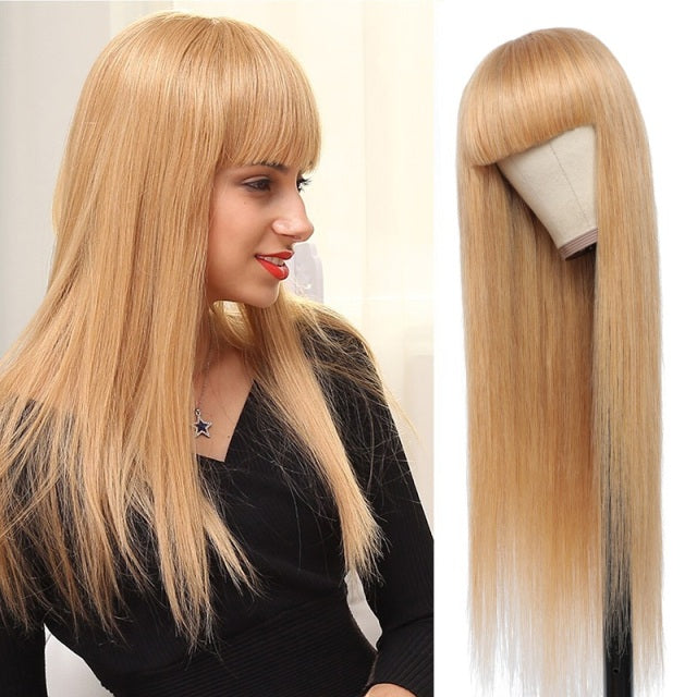 Straight Ombre Brown Brazilian Human Hair Wigs With Bangs