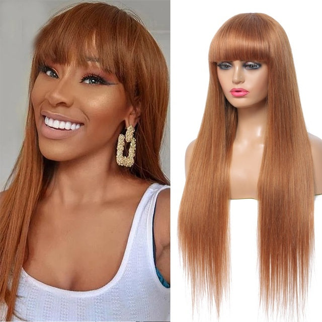 Straight Ombre Brown Brazilian Human Hair Wigs With Bangs